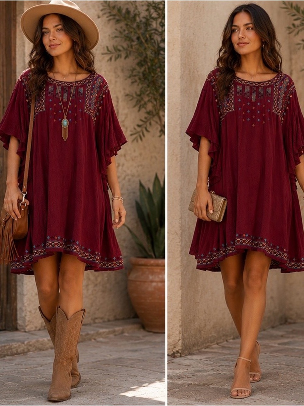 Umgee Burgundy Dress with Embroidery